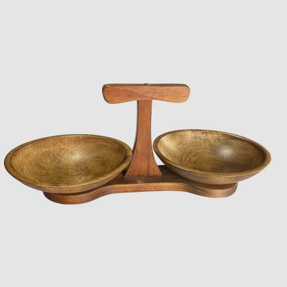 Vtg Dual Dark Wood Serving Bowls Tray Mid Century MCM Kennedy Brothers VT Prim - Picture 1 of 6